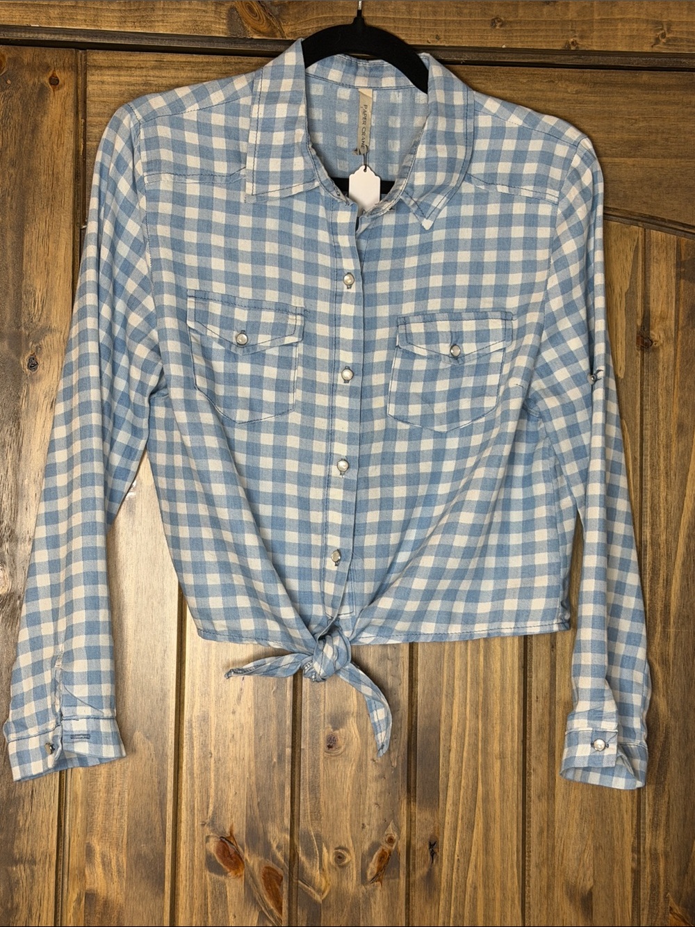 Paper Crane Blue and White Gingham Tie-Hem Button-Down Shirt